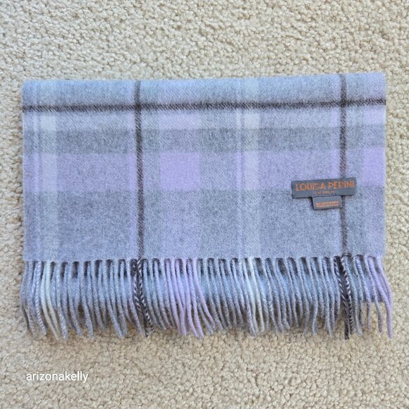 100% Cashmere Fringe Scarf Lavender and Grey Plaid Louisa Perini - Picture 1 of 10